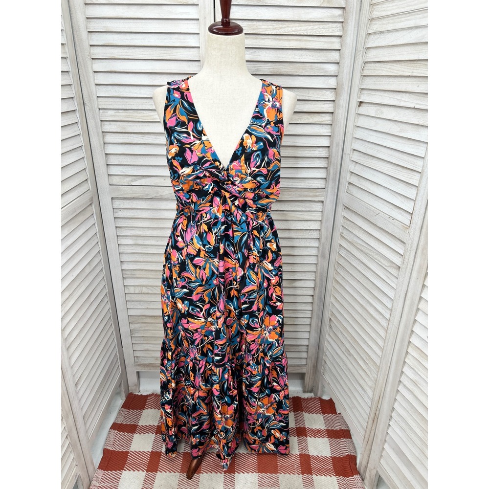 French Connection Midi Dress Medium Black Floral Boho Cottagecore Resort Maxi